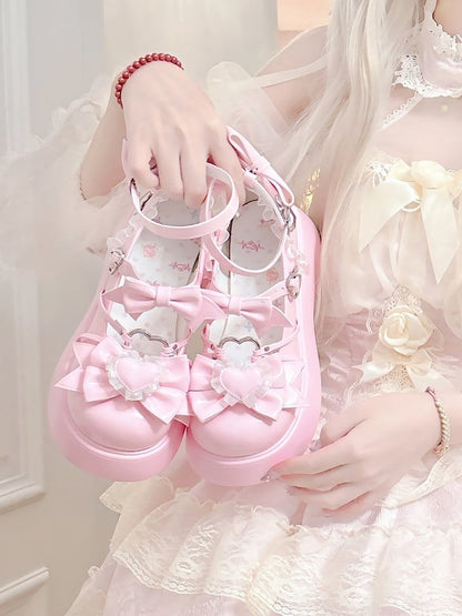 Bow Lace - Trim Heart Platform Details Janes Accents Sweet PU Pink Mary with Lolita