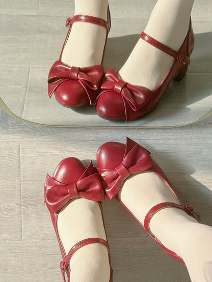 Elegant Wine Red Mid-heel Shoes for Lolita - PU Leather with Bow Details & Snap Design