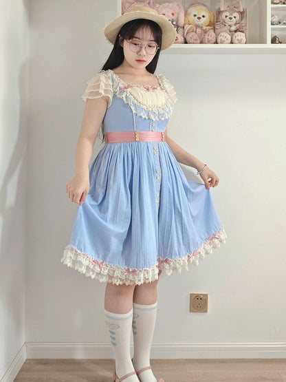 Short Elegant Lace Dress and Blue with Details Classic Lolita Version Bow