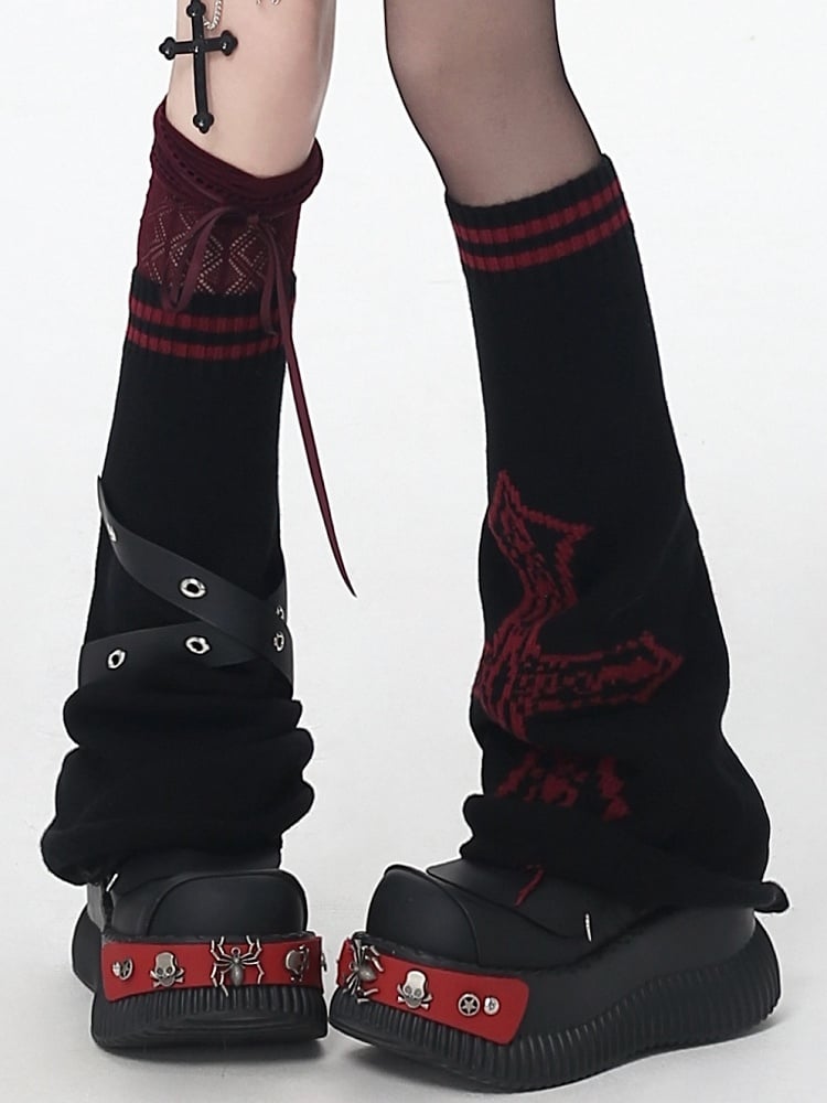 Warmers - Cross Black/Black Knitted Straps Pink/White Leg Design Asymmetrical Crisscross Y2K Pattern