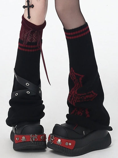 Warmers - Cross Black/Black Knitted Straps Pink/White Leg Design Asymmetrical Crisscross Y2K Pattern