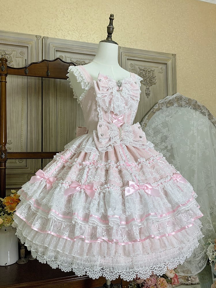 Kleid und Taillen-Lagenpullover abnehmbar mit Hanayome Pink Bows Ausschnitt Rock Lolita Hime auf