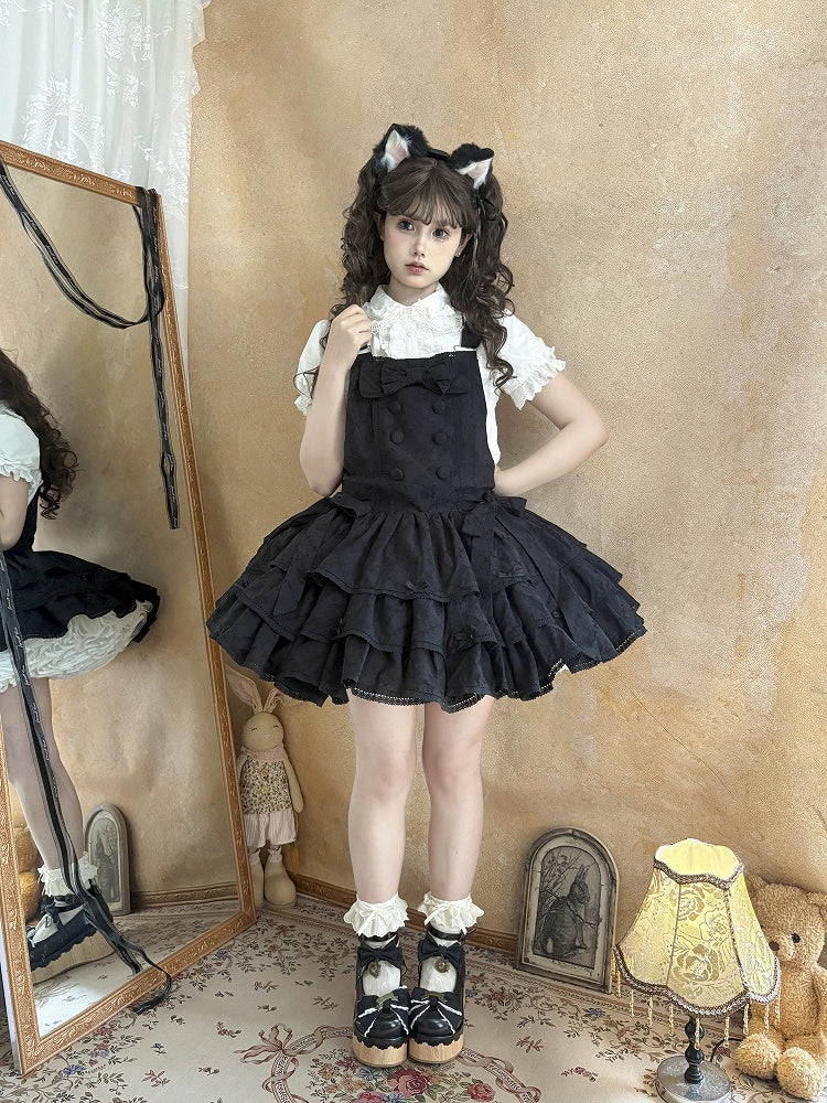 Black Ruffle Sweet Lolita Buttons with Overall Dress Layered Double-Breasted