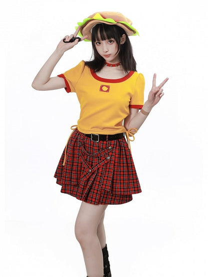 Red Plaid Skirt with Buttoned Strap Accents - PINK SAVIOR