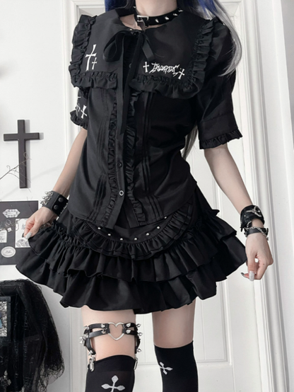 Tie Black Ruffle Lacing Bow Back Metal with Gothic Front Sleeve Short Trimmed Eyelet Top