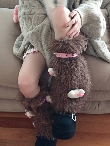 Weiß/Rosa/Kaffeebraune, zottelige Beinwärmer mit Nieten und Plüsch-Kätzchen