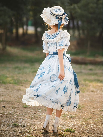 Self-tie Poetry‌ Classic Sash Lolita Sizes Plus Blue Print Elegant and with Available Mulberry Dress