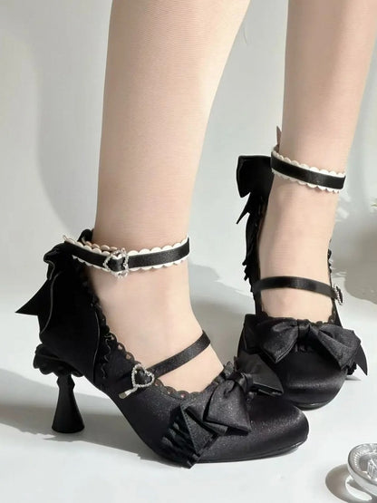 Heel Sculpted Mary Heart with Ruffle Trim Satin Lolita - Black Janes Crystal Elegant Closure