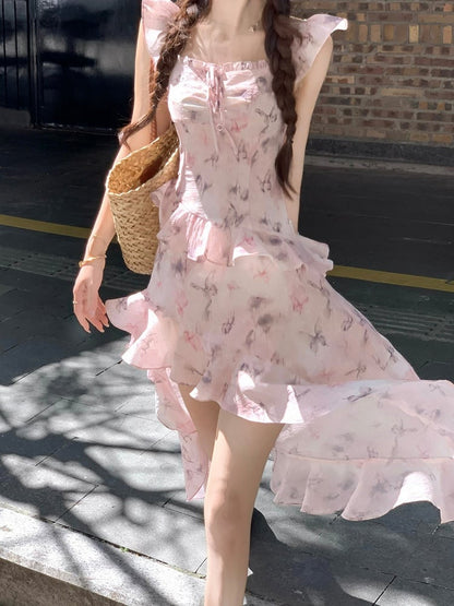 Pink Butterfly Print Dress with Asymmetrical Hem - Qchiwawameme