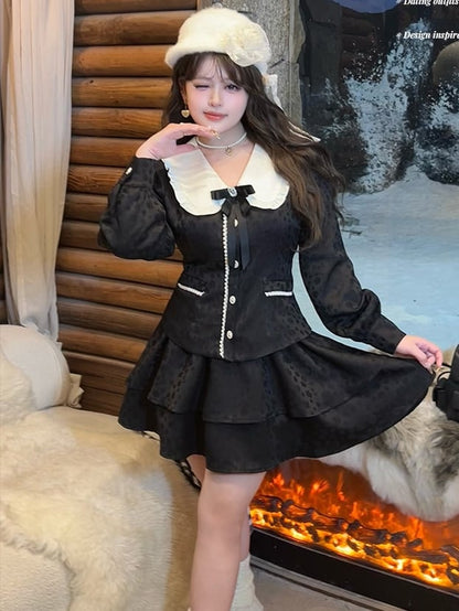 プラスサイズ ブラック ハイウエスト ジャカード ティアードスカート