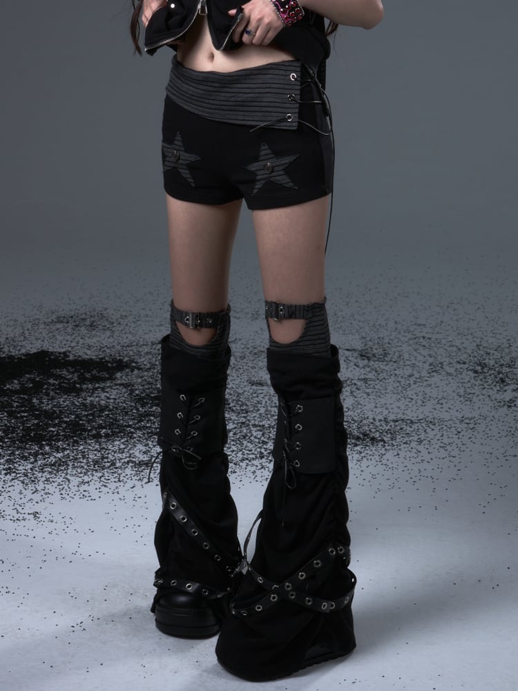 Schwarze Beinwärmer mit Schnürung, Punk, mit Metallstrick