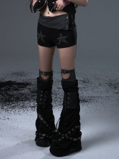 Schwarze Beinwärmer mit Schnürung, Punk, mit Metallstrick