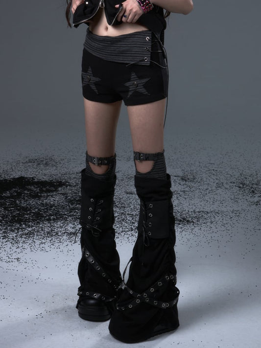 Schwarze Beinwärmer mit Schnürung, Punk, mit Metallstrick