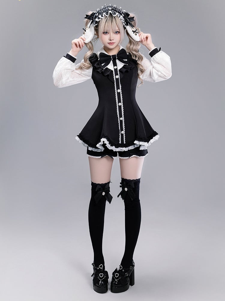 Black Kei with Coord Brooch and Set: White Trim Detachable Scalloped Shorts Edge Top Bow Jirai