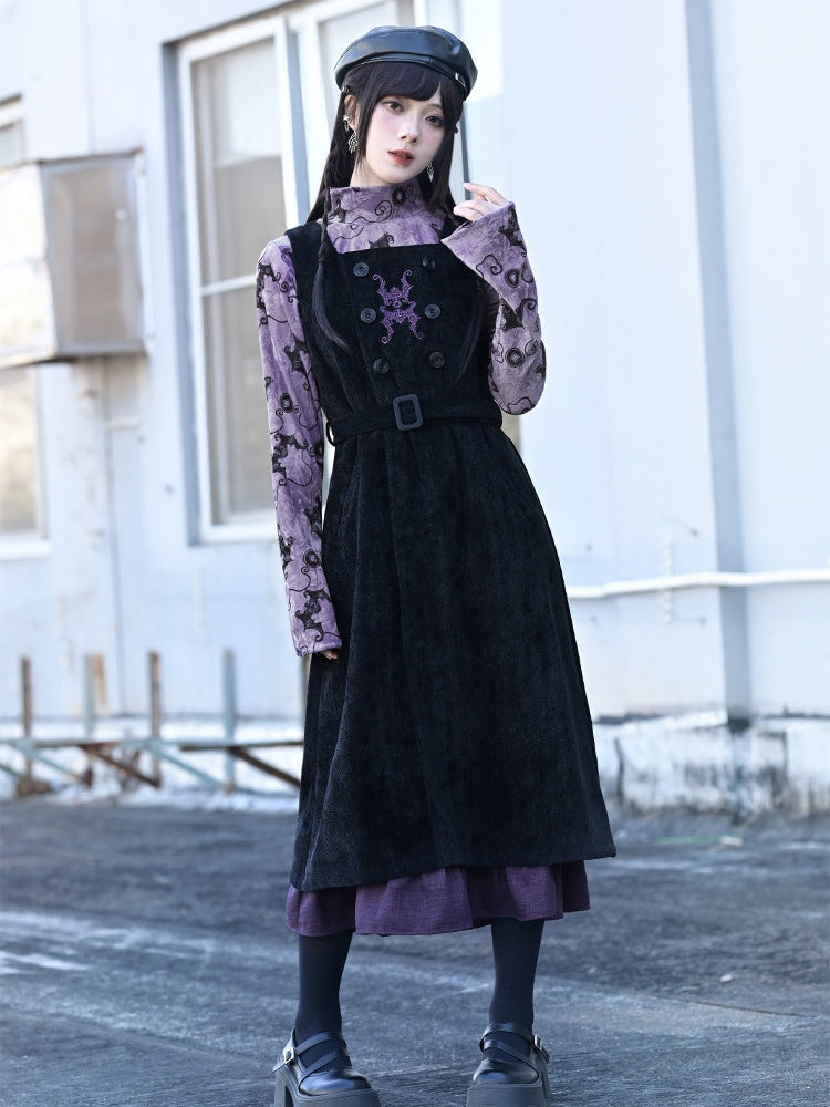 Double-Layer Hem Vest Maxi Dress in Black with Purple Bat Embroidery - Quirky Hut