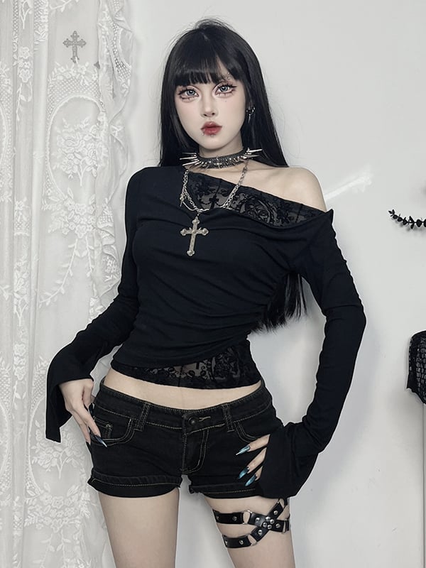 Black Halloween Embroidery Asymmetrical Cross Top Neck Long with Sleeve Gothic