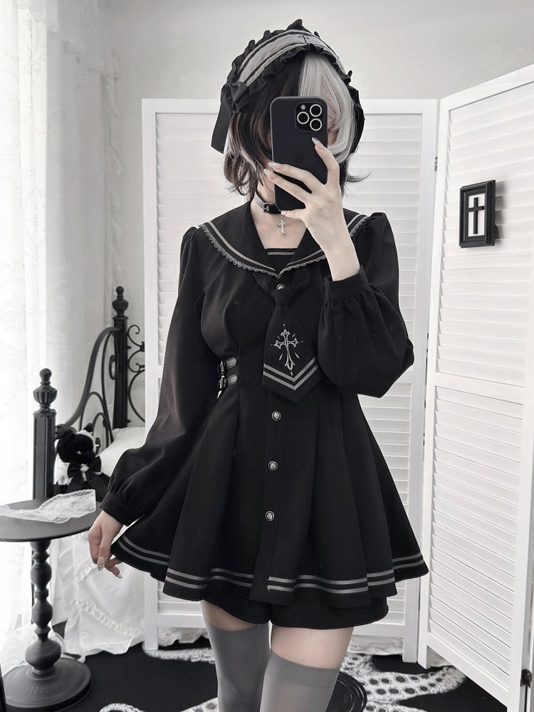 Sailor Collar Dress Set with Shorts and Tie - Ekomi