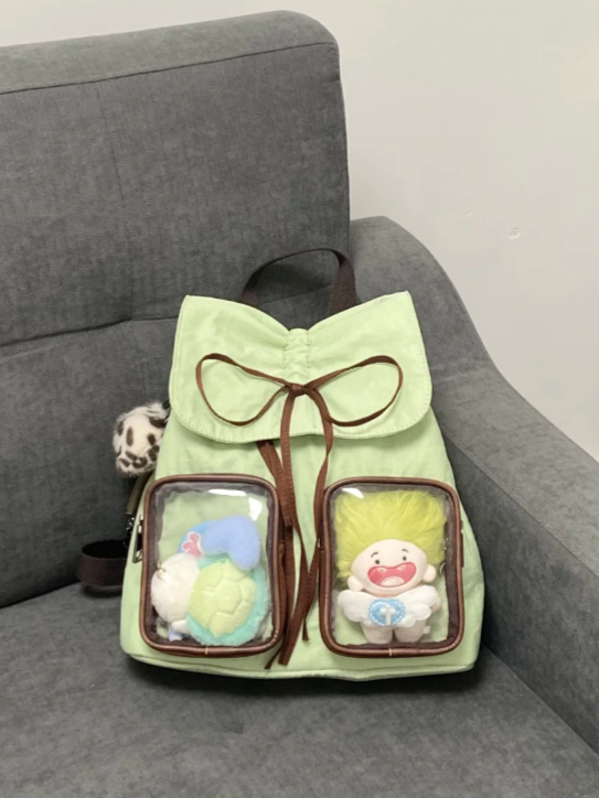 Bow Drawstring Charming Backpack With Kawaii Green Mini Ita