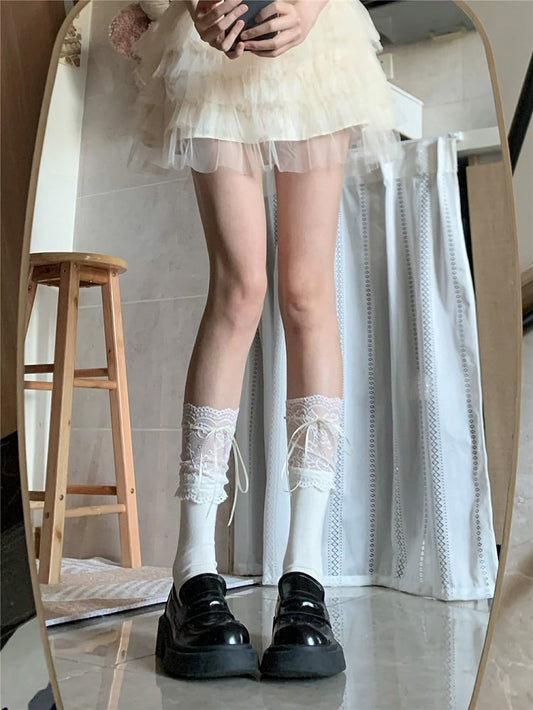 Details Style Lace Lolita Calf Mid Trim 3 Kawaii Bow Colors Stockings