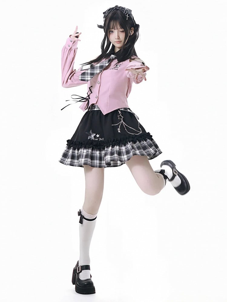 Chain Idol with Detachable Tiered Plaid Skirt Belt Black Waist Punk