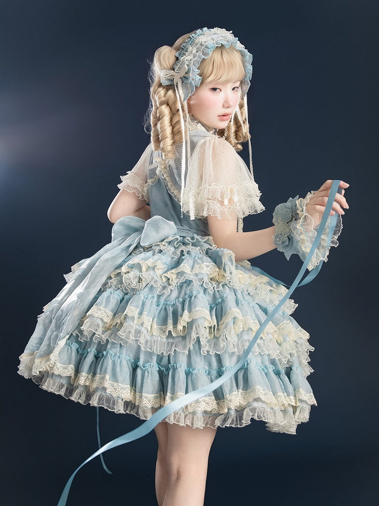 Stickerei Kleid Details Lolita und mit Rüschen Blau Süße Tiered Goldfisch Spitze