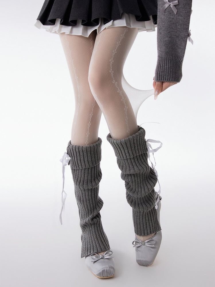 White/Black Bow Straps with Design Tights Floral Pattern
