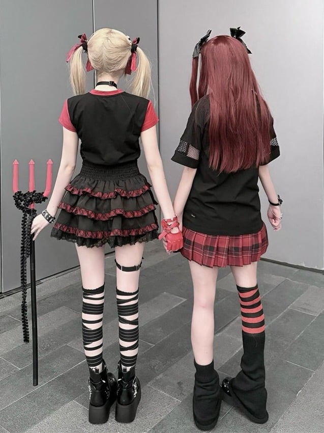 Black & Red Plaid Tiered Skirt with Lace Trim - Puppet Bombs