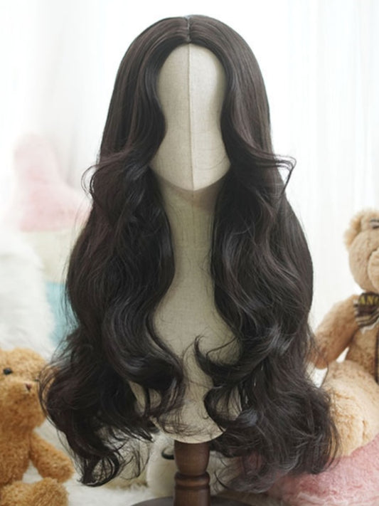 Schwarze, hüftlange, gewellte Perücke mit Vorhangpony