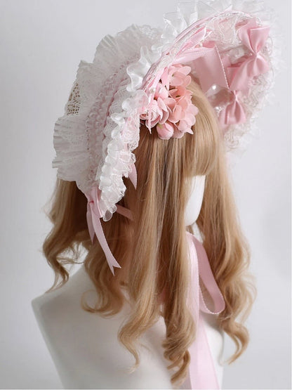 (Detachable Bonnet Accents Satin Bow Flower) with Pink White Pearl Lace