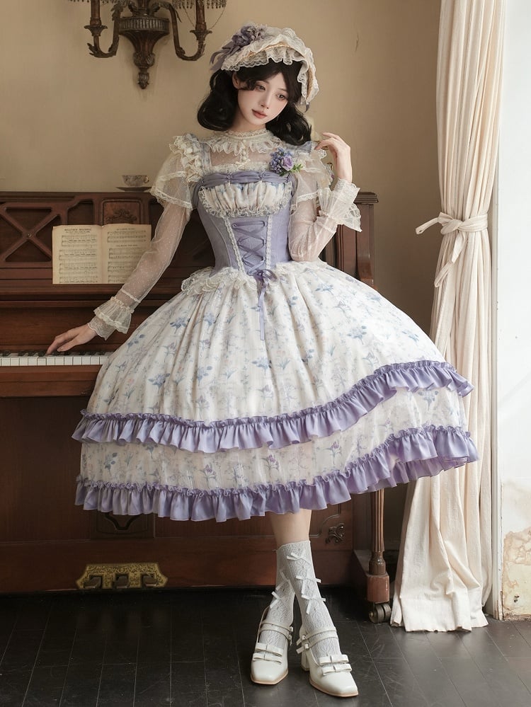 Print Floral Lolita Bodice Dress Skirt Jumper Classic Iris Corset Boned Purple