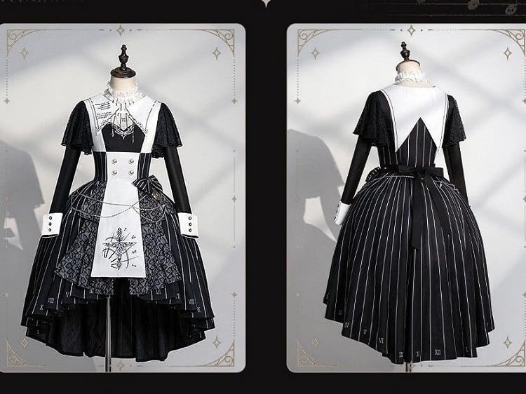 Chain+Pocket Chain+Detachable Collar Watch Embroidery+Waist Cross White Set Full Dress Striped with Nun Lolita Belt+Waist Black