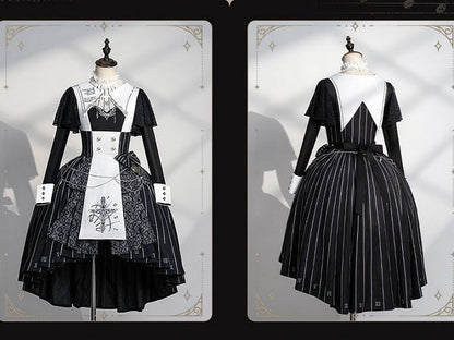 Chain+Pocket Chain+Detachable Collar Watch Embroidery+Waist Cross White Set Full Dress Striped with Nun Lolita Belt+Waist Black