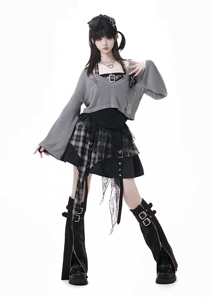 Y2K with Sweater Plaid Decor Gray/Black V-Neck Cross Distressed Holes Knit Grunge