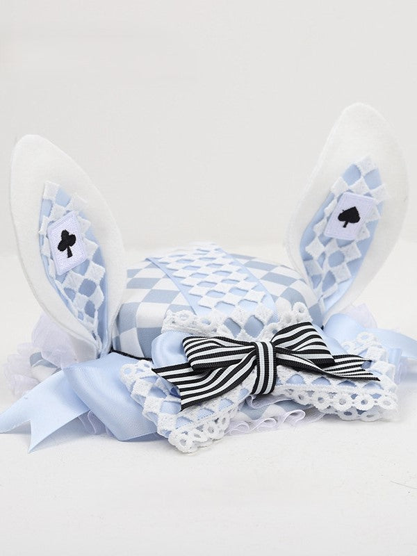 Lolita Bunny Ears Striped Hat Blue White with Mini Bow Plaided