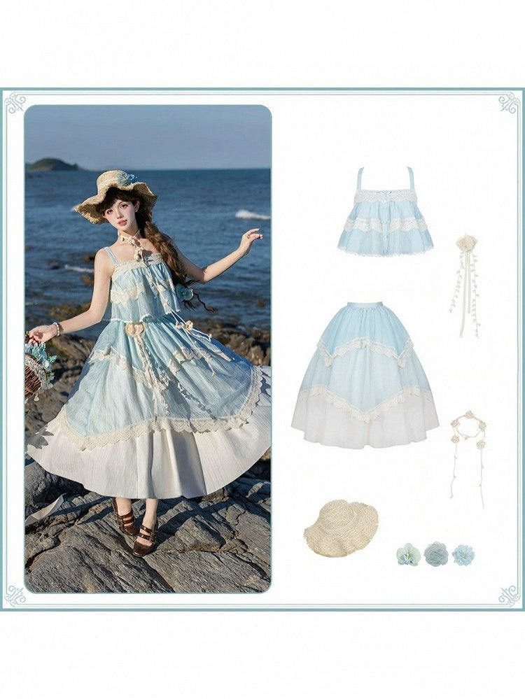 Blue Summer Set: Sleeveless Top, Skirt, Brooch & Hat - With PUJI
