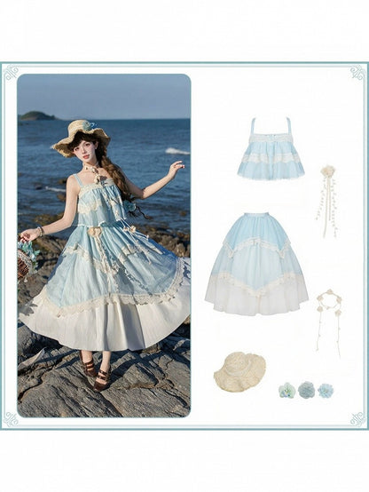 Blue Summer Set: Sleeveless Top, Skirt, Brooch & Hat - With PUJI