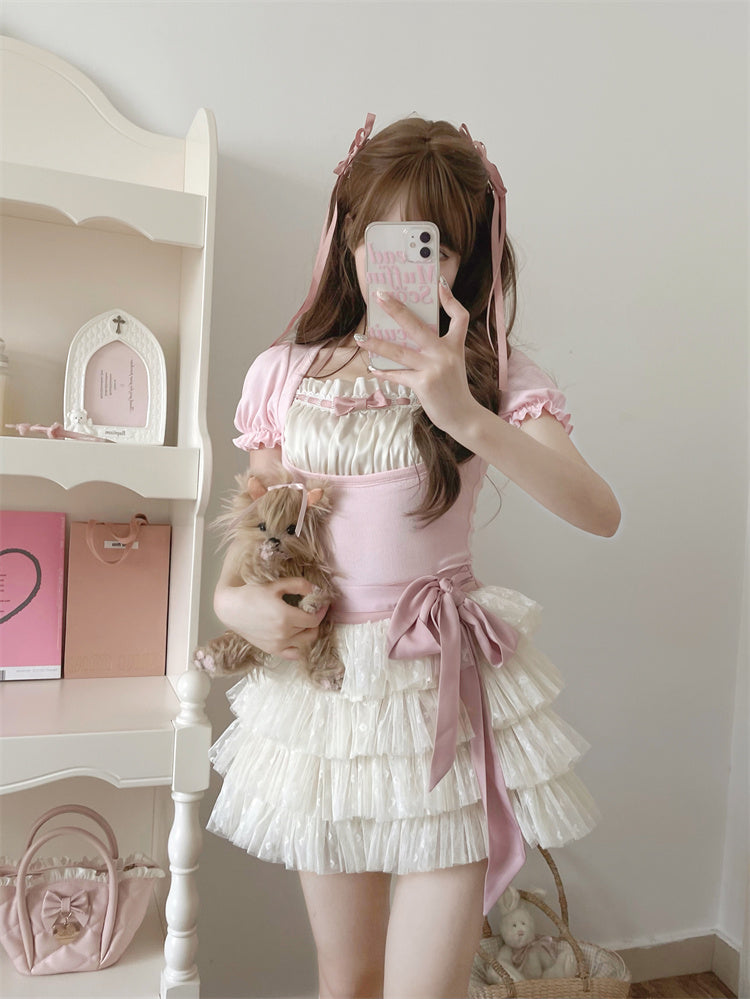 Beige Tüll Balletcore Selbstbinden Stufenrock Schleife mit