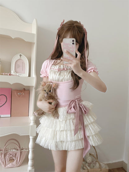 Beige Tüll Balletcore Selbstbinden Stufenrock Schleife mit