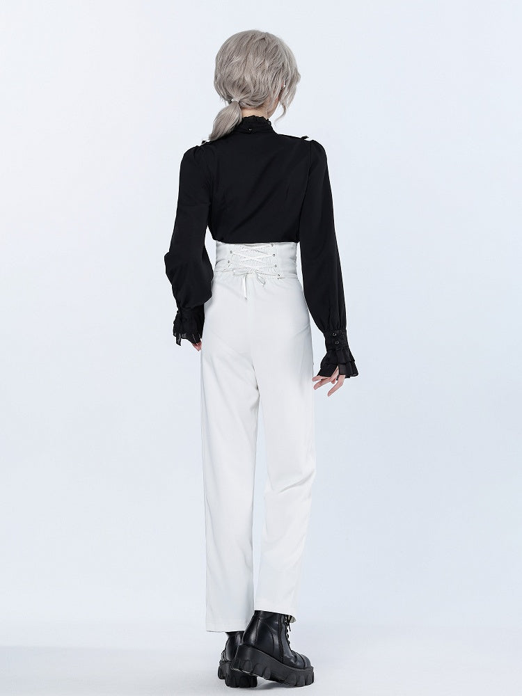 High-Rise White Ouji Pants with Buttons and Buckles - DevilInspired Exclusive Collection