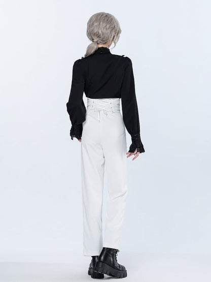 High Waist White Ouji Pants with Buttons and Buckles - DevilInspired Exclusive Collection