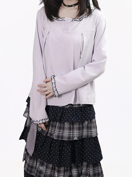 Dusty Purple Long Sleeve Blouse Ruffle Details - PINK SAVIOR