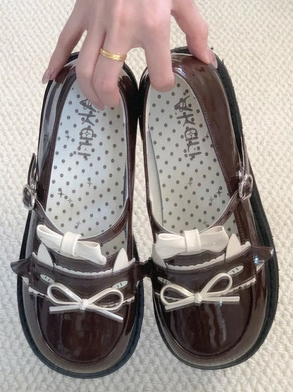 Low-heel with Brown PU Lamb Heart Dazed Buckle and Bow Details Shoes JK Cute