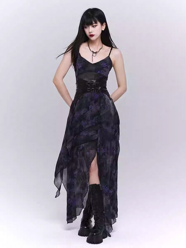 Black & Purple Floral Asymmetrical Hem Glamorous Cami Dress