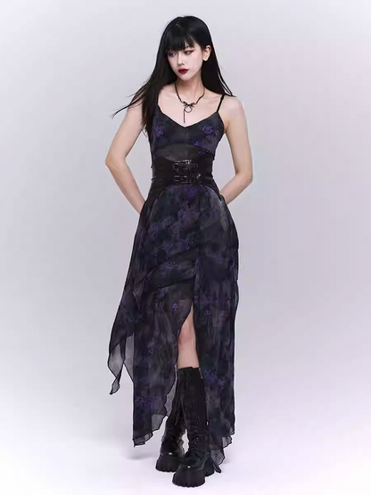 Black & Purple Floral Asymmetrical Hem Glamorous Cami Dress
