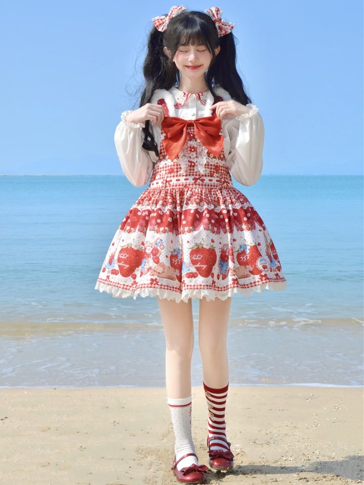 Spring Strawberry and Rabbit Print Big Bow Rabbit Ears Wine Red Sweet Lolita Overall Dress