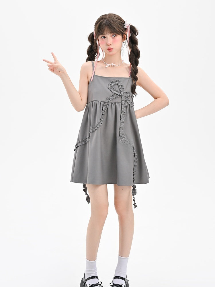 Slip-Kleid, locker, grau, großes Rüschen-Schleifen-Design