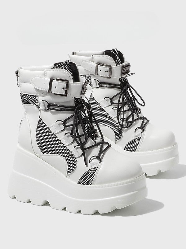 Gothic Studded - Platform Harness Ankle Boots White