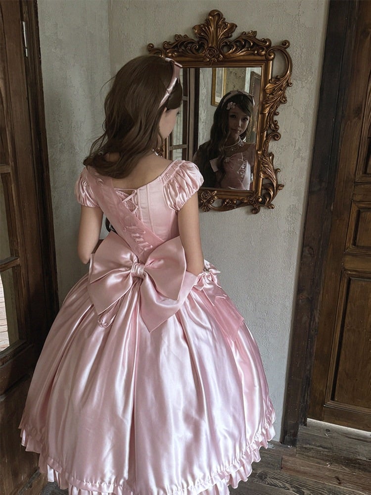 Soft Pink Lolita OP Dress with Satin, Lace and Butterfly Bowknot Details - Snow Lolita
