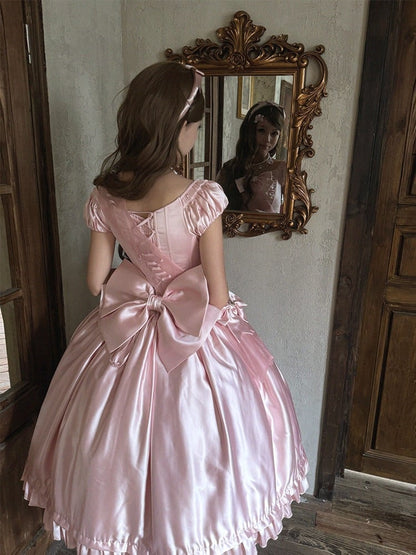Soft Pink Lolita OP Dress with Satin, Lace and Butterfly Bowknot Details - Snow Lolita