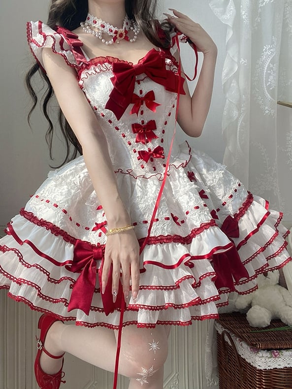 Rüschen Akzente Rock Weiß Schleife Pullover Tiered Prinzessin Rot Lolita
